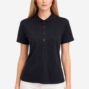 Athleta Black Pique Short Sleeve Polo Shirt Medium Collared Button Cropped Top